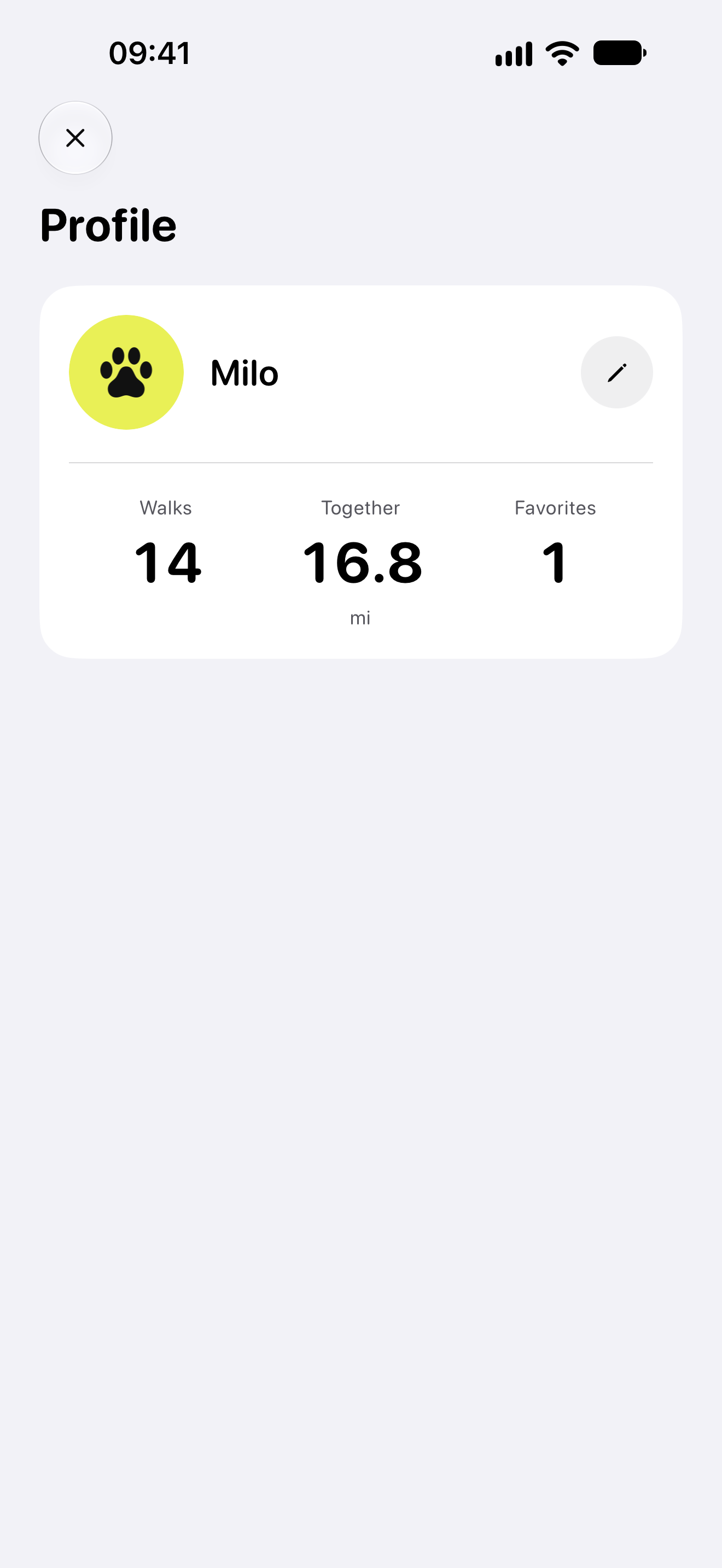 Wuffu dog profile with name, photo and walking totals